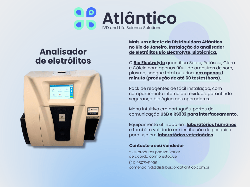 Analisador de eletrólitos Bio Electrolyte da Biotécnica instalado pela Distribuidora Atlântico no Rio de Janeiro. Equipamento de laboratório para quantificação de sódio, potássio, cloro e cálcio em amostras de soro, plasma, sangue total ou urina, com capacidade de até 60 testes por hora. Interface USB e RS232 e menu intuitivo em português.