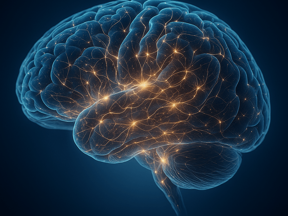 Ilustração científica mostrando cérebro humano ativo com conexões neurais luminosas, representando superidosos e envelhecimento saudável.