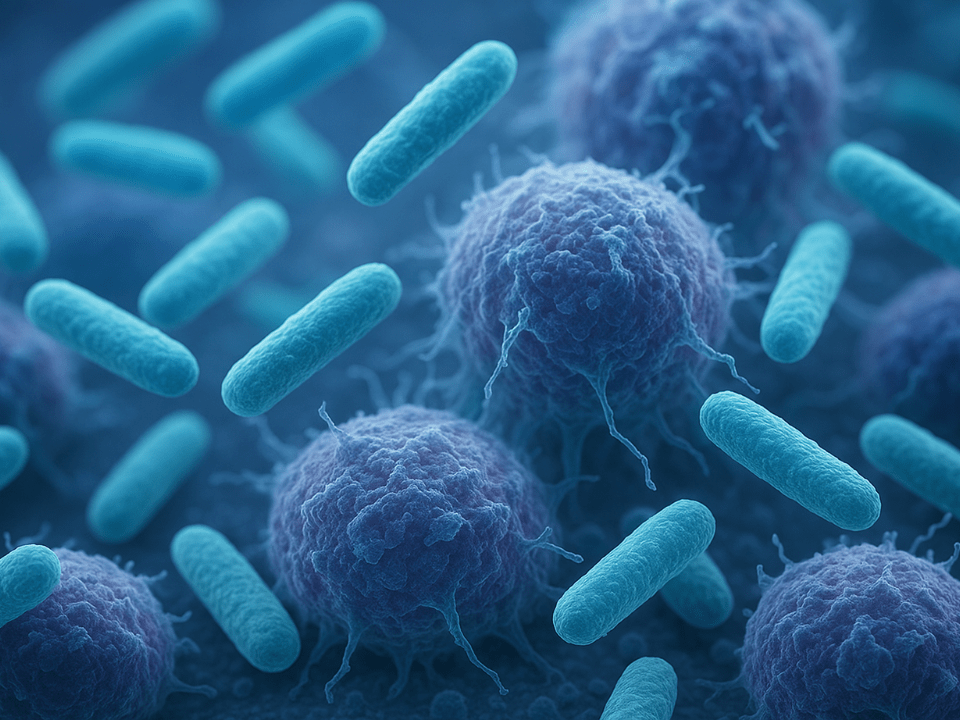 Bactérias terapêuticas interagindo com células tumorais.