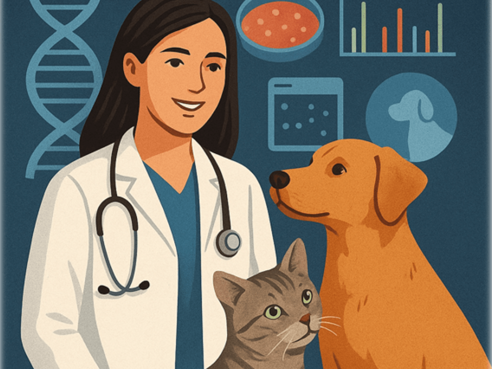 Imagem ilustrativa de uma médica veterinária sorridente com jaleco e estetoscópio, ao lado de um cão e um gato. Ao fundo, aparecem ícones relacionados à genética, exames laboratoriais e gráficos, representando a medicina personalizada e diagnósticos avançados em animais de companhia.