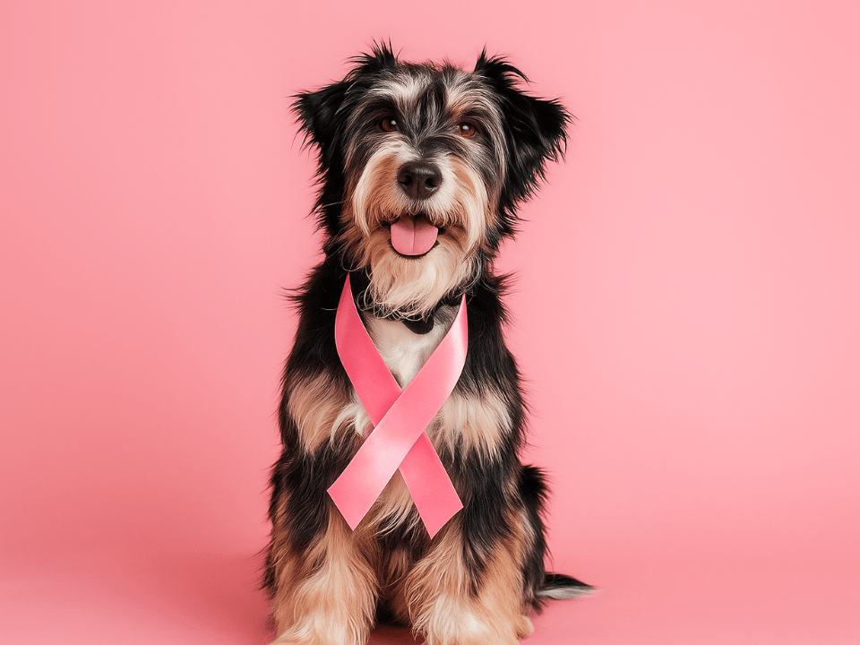 Cão com laço rosa simbolizando a conscientização sobre o câncer de mama em animais de companhia.