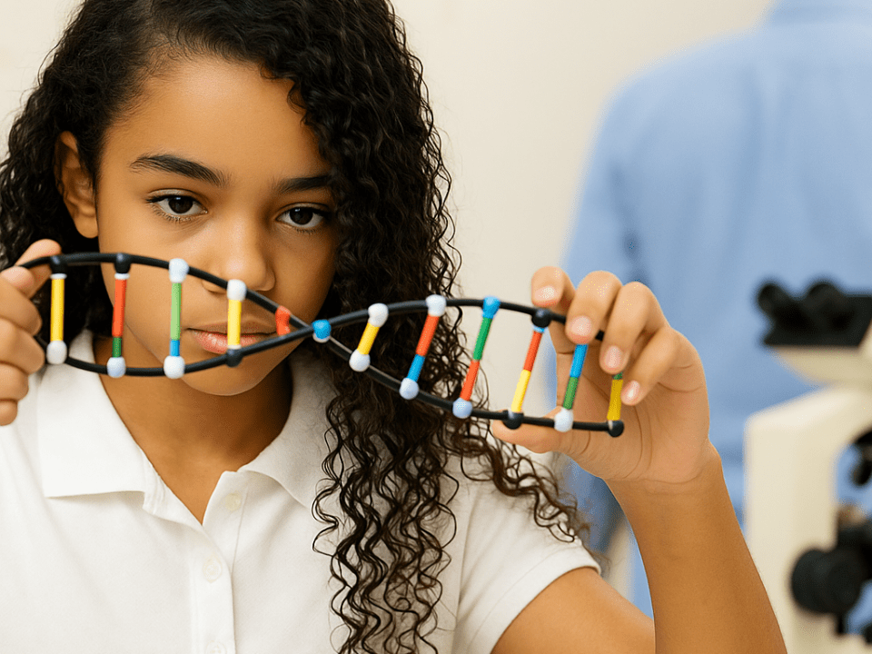 Jovem estudante de cabelo cacheado segurando um modelo de DNA em laboratório; ao fundo, microscópio e professor desfocado.