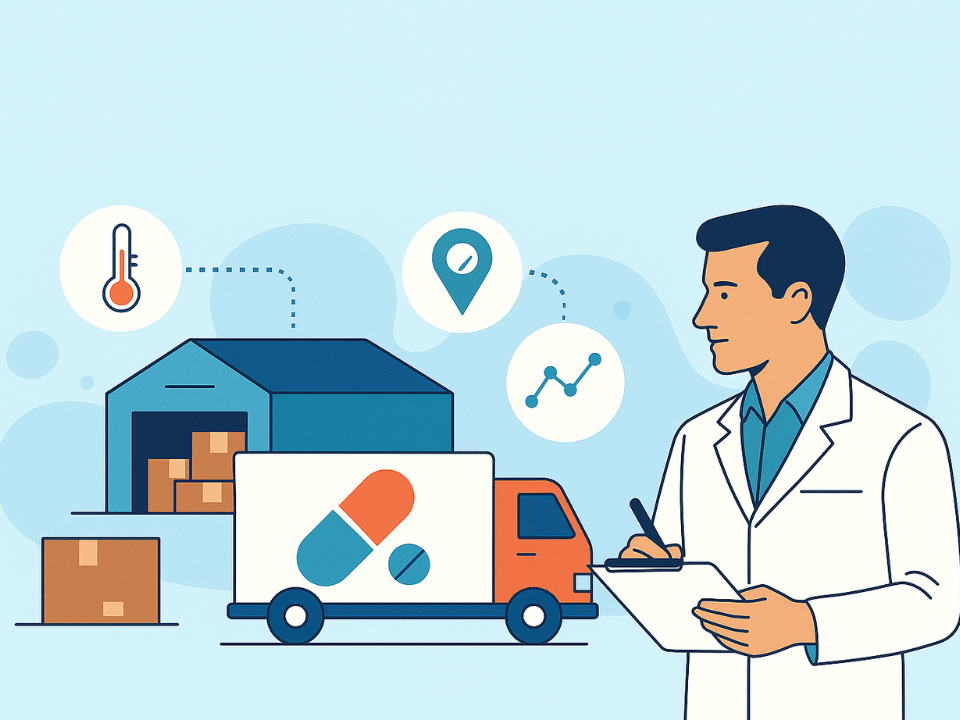 Ilustração digital em estilo editorial mostrando um farmacêutico com prancheta monitorando a logística farmacêutica, com caminhão, caixas de medicamentos, galpão de armazenamento e ícones de temperatura, localização e rastreabilidade sobre fundo azul-claro.