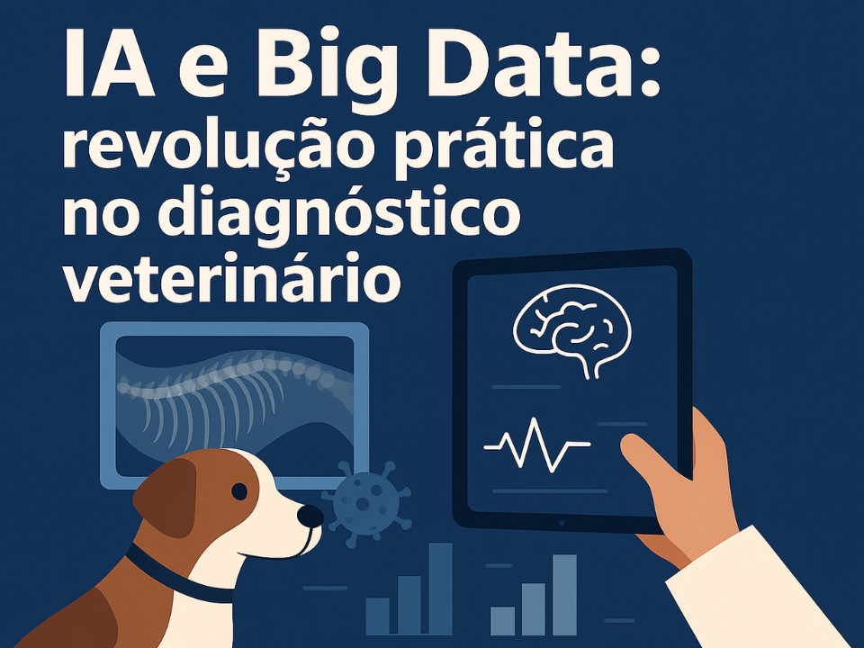 Ilustração sobre o uso de IA e Big Data no diagnóstico veterinário, com cão, radiografia, gráficos e tablet exibindo análise digital.