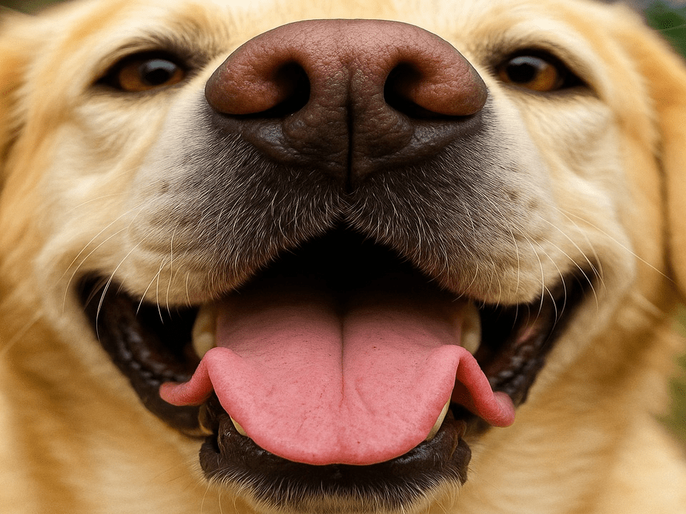 Cachorro sorrindo em close, mostrando o focinho úmido, língua para fora e dentes visíveis, transmitindo expressão amigável e saudável.