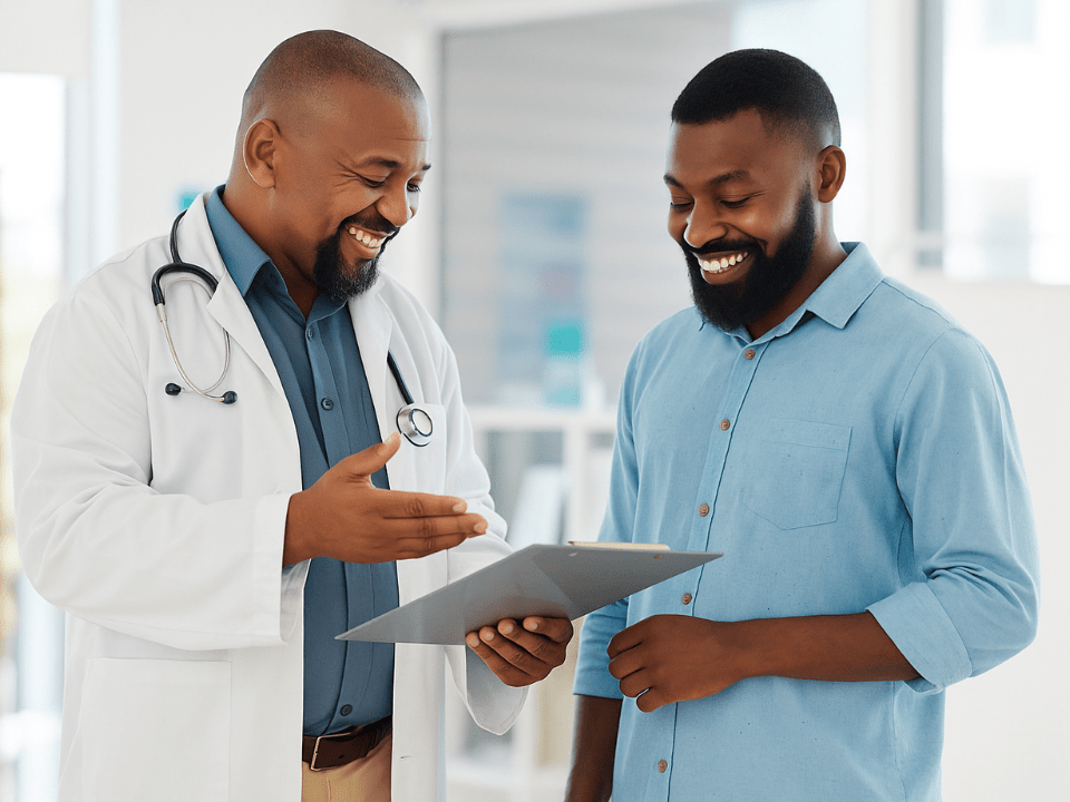 Homem adulto em consulta médica, sorrindo ao conversar com o médico sobre exames de rotina, simbolizando o cuidado integral com a saúde masculina.