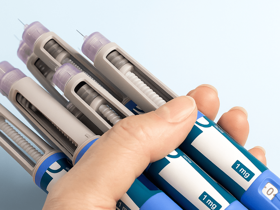 Mão segurando várias canetas injetoras médicas em tons de azul e cinza, sobre fundo azul-claro, representando dispositivos usados em tratamentos de diabetes como semaglutida e tirzepatida.