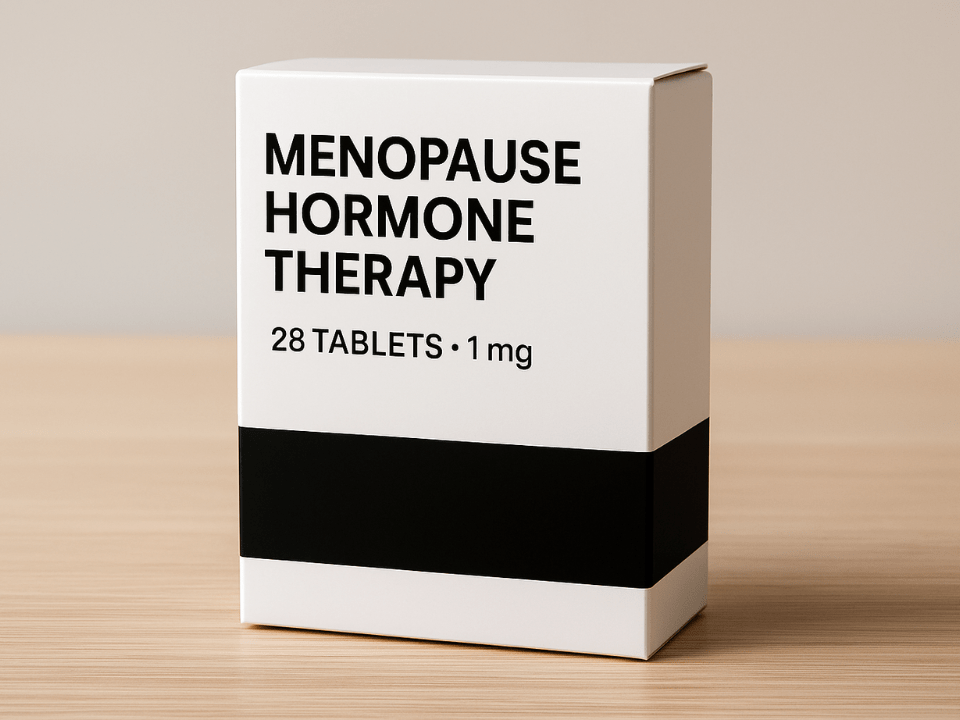 Caixa branca de medicamento para terapia hormonal da menopausa sobre superfície de madeira clara, com design minimalista e faixa preta horizontal.