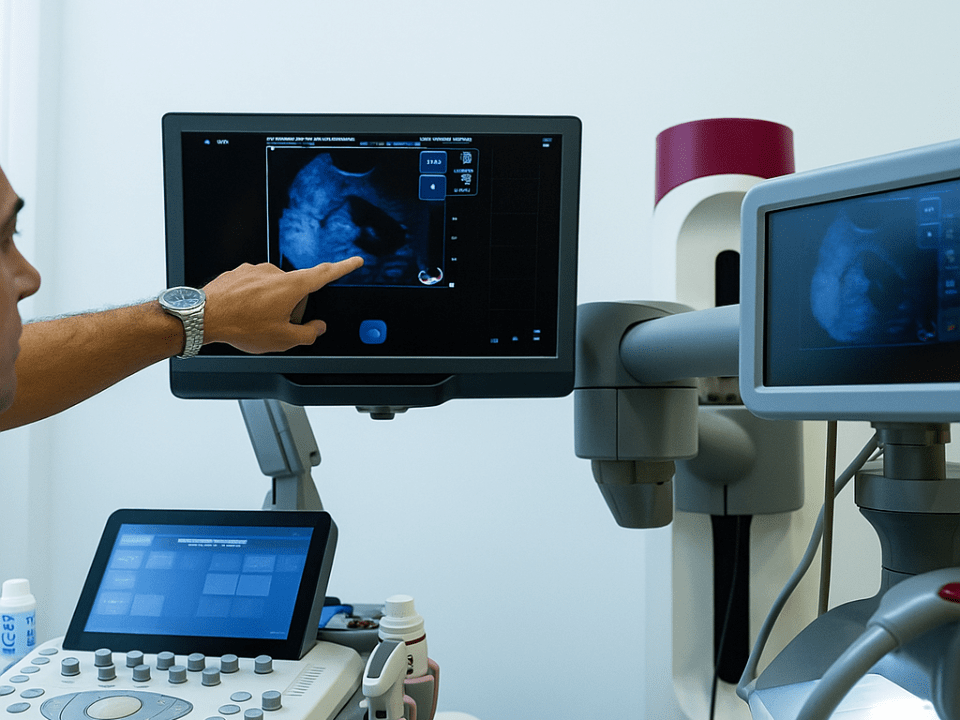Médico em ambiente clínico moderno analisa imagem de ultrassom em monitores de alta resolução, operando equipamentos médicos de diagnóstico com foco e precisão, em sala bem iluminada e tecnológica.