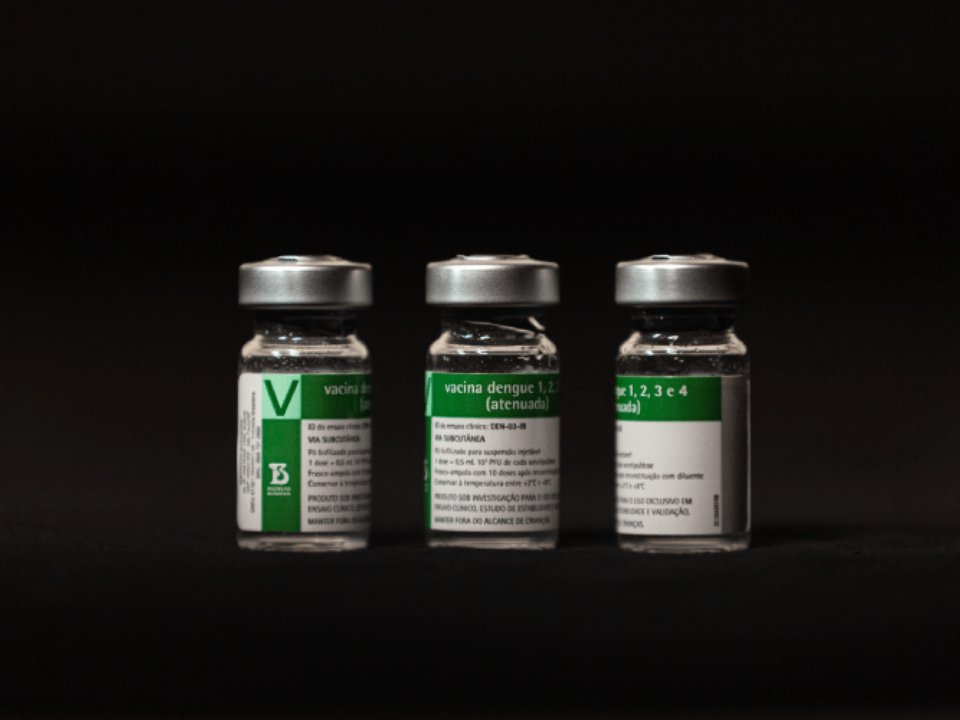 rascos da vacina Butantan-DV, imunizante brasileiro de dose única contra a dengue, alinhados sobre fundo escuro, destacando o rótulo verde do Instituto Butantan.