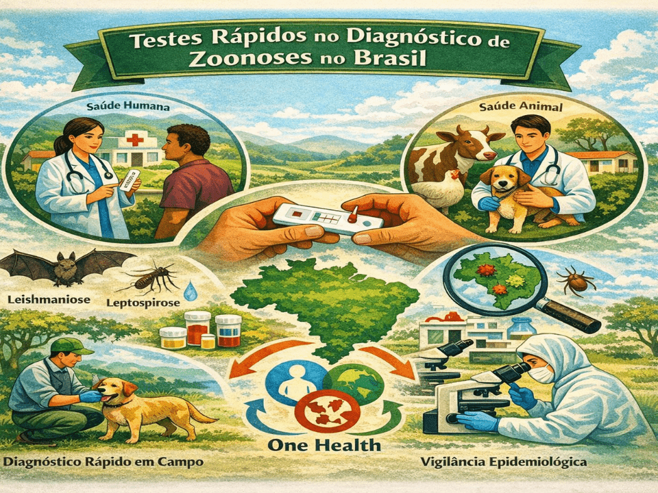 Ilustração sobre testes rápidos no diagnóstico de zoonoses no Brasil, integrando saúde humana, saúde animal e meio ambiente no conceito One Health, com uso de testes imunocromatográficos, diagnóstico em campo e vigilância epidemiológica.