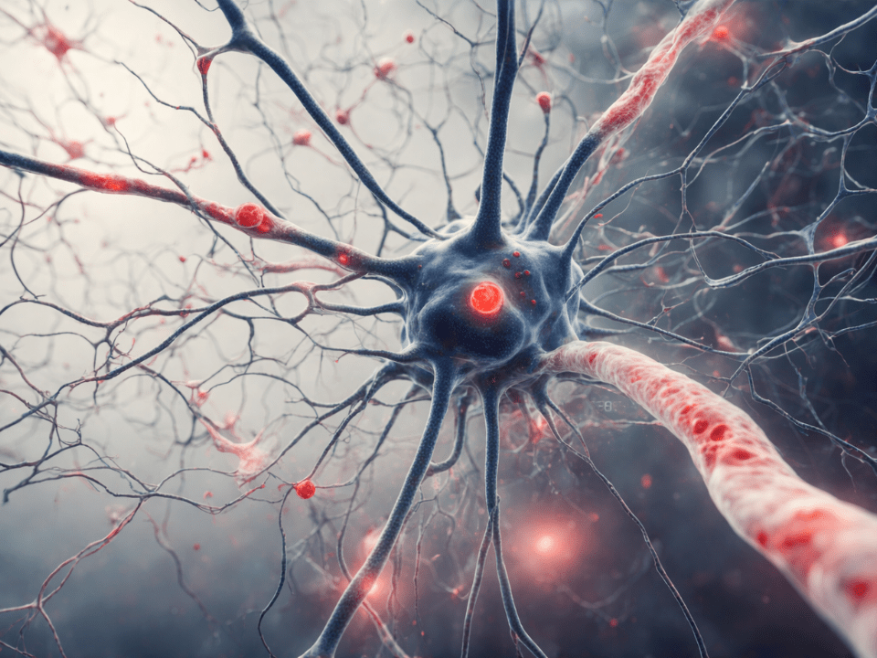 Ilustração científica de neurônio com sinais de lesão axonal, representando dano cerebral e liberação de biomarcadores após parada cardíaca.