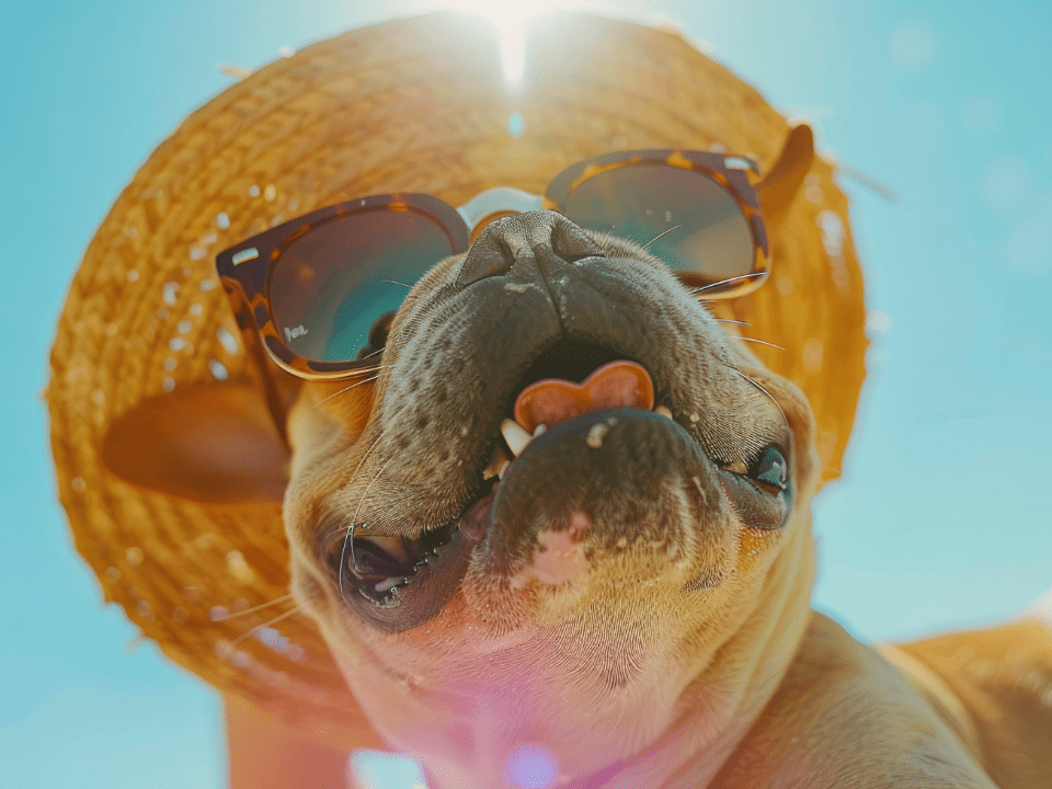 Cachorro usando chapéu de palha e óculos de sol, visto de baixo para cima, com expressão divertida em um dia ensolarado de céu azul.