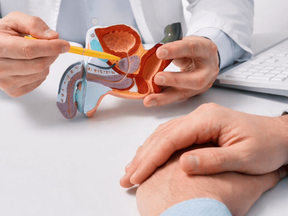 Modelo anatômico do sistema reprodutor masculino sendo demonstrado por profissional de saúde, com destaque para a próstata e estruturas internas, em ambiente clínico de consulta.