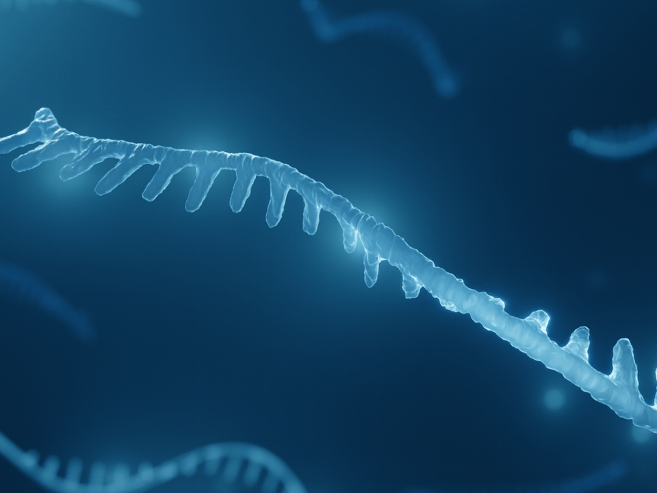 Imagem ilustrativa de cadeia de RNA em destaque, com estrutura molecular translúcida em tons de azul sobre fundo escuro com outras fitas desfocadas ao fundo.