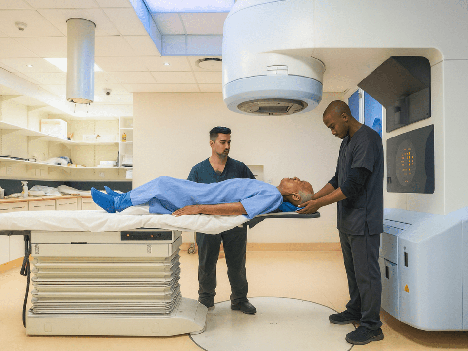 Equipamento moderno de radioterapia em centro oncológico, ilustrando a expansão do acesso ao tratamento.