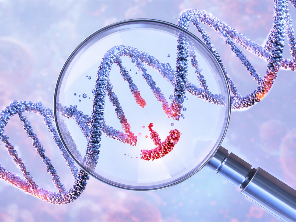 Detecção direta de DNA em tempo real ilustrada por dupla hélice ampliada por lupa, representando análise molecular sem amplificação no diagnóstico clínico.