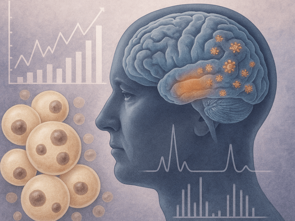 Imagem científica mostrando a relação entre obesidade e Alzheimer com a ilustração de um cérebro humano em tons de azul exibindo placas de beta amiloide, ao lado de células de gordura e gráficos de biomarcadores associados à neurodegeneração.