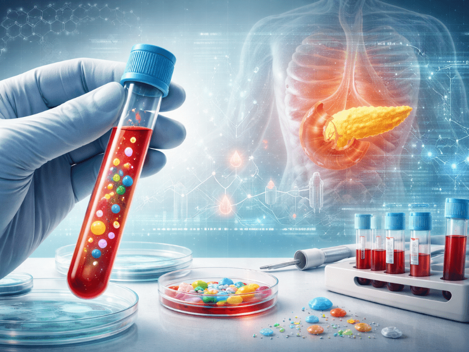 Ilustração realista mostra análise metabolômica do sangue, com tubo contendo plasma e metabólitos, pâncreas em destaque e dados digitais associados à predição do diabetes tipo 2.