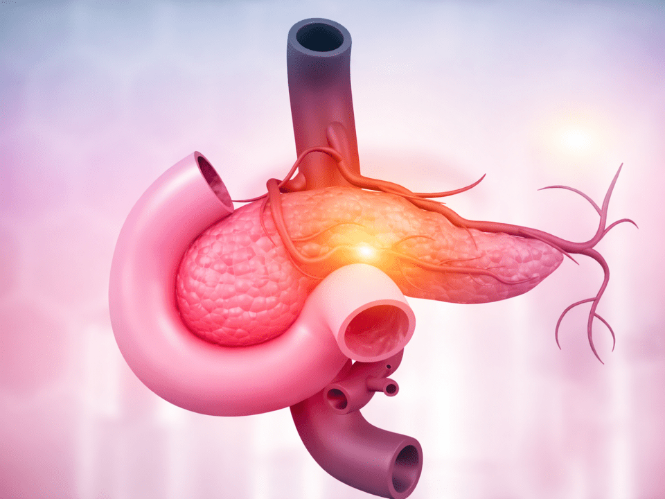 Ilustração 3D do pâncreas humano com área destacada associada a tumor, representando pesquisa sobre terapia tripla para câncer de pâncreas.