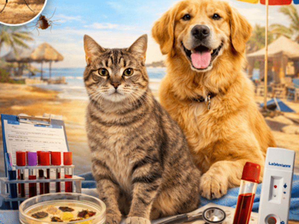 Diagnóstico veterinário no verão com cão e gato em ambiente de praia, exames laboratoriais, testes rápidos e vetores como mosquito e carrapato.