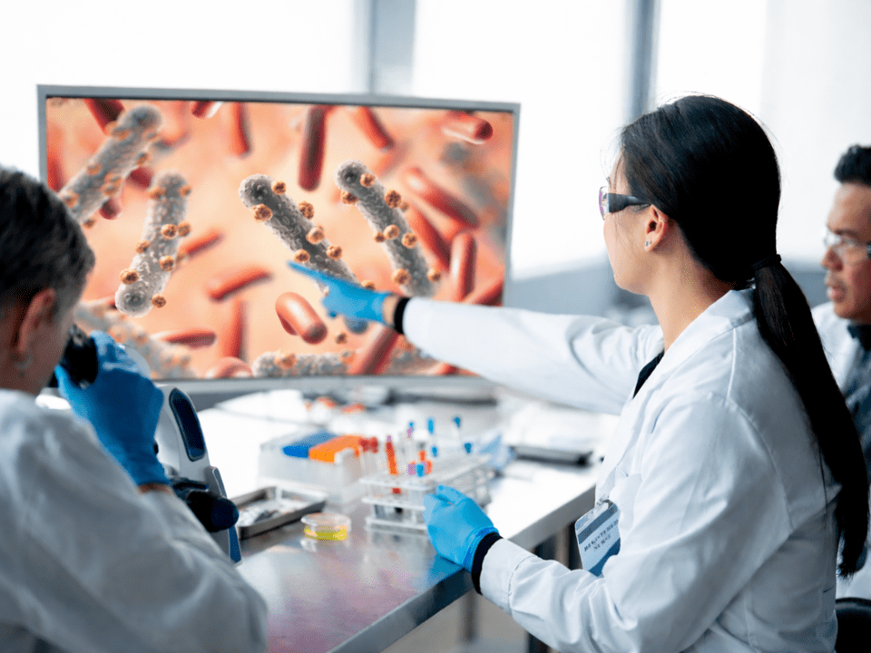 Cientistas em laboratório analisam bactérias resistentes exibidas em monitor de alta resolução, ilustrando novo teste de célula única para avaliar a eficácia real dos antibióticos.