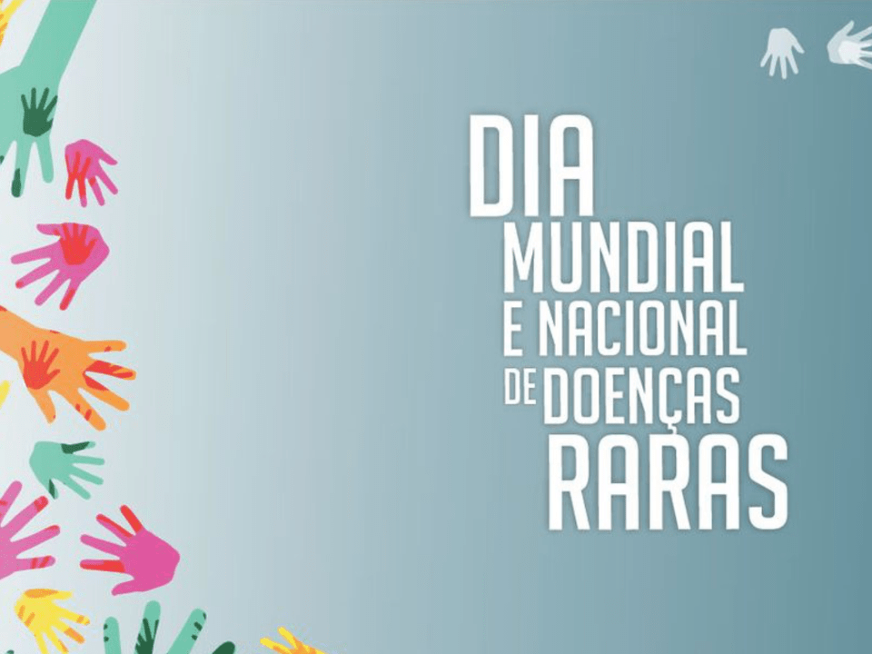 Ilustração do Dia Mundial e Nacional das Doenças Raras, com mãos coloridas simbolizando diversidade, conscientização e a importância do diagnóstico precoce, com destaque para doenças raras e teste do pezinho.