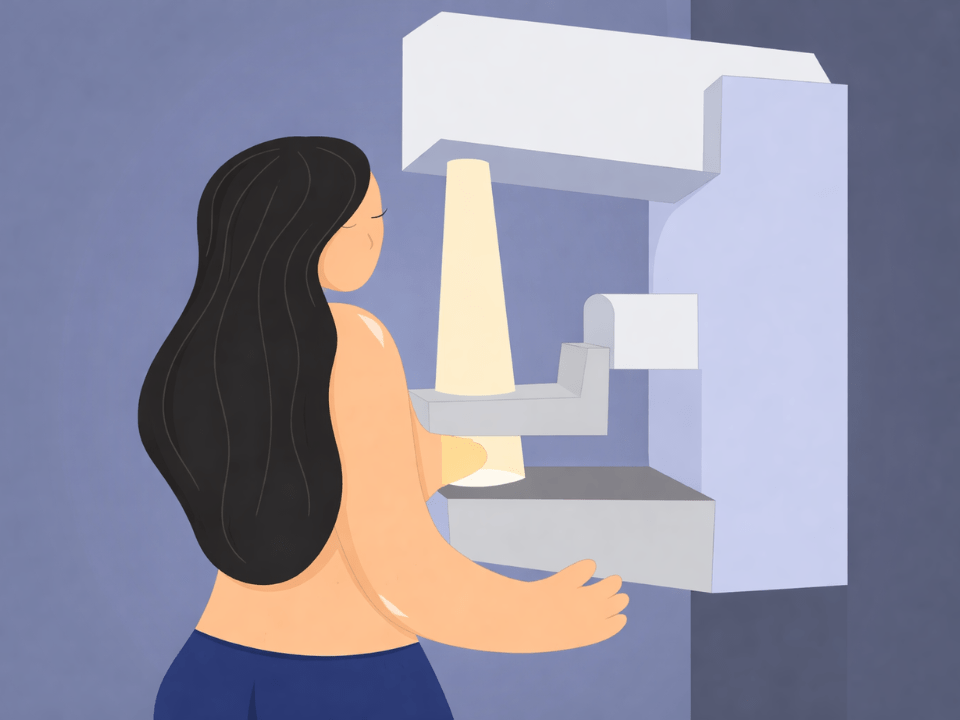 Ilustração de mulher realizando exame de mamografia em equipamento de diagnóstico por imagem, representando rastreamento do câncer de mama e cuidado preventivo com a saúde da mulher.