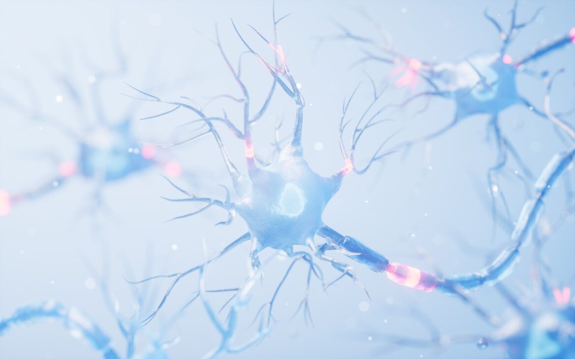 Ilustração científica de neurônios interconectados com sinapses em destaque, representando a atividade neural e os processos biológicos associados às doenças neurodegenerativas e aos testes de demência.