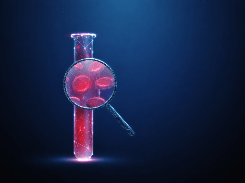 Ilustração conceitual de um tubo de ensaio com amostra de sangue sendo analisada por uma lupa, simbolizando a detecção molecular precoce de biomarcadores associados ao câncer por exame de sangue.