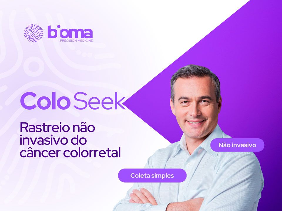 Banner promocional do exame ColoSeek, da Bioma Precision Medicine, sobre rastreio não invasivo do câncer colorretal, com médico em destaque e botão Saiba mais em tom lilás.