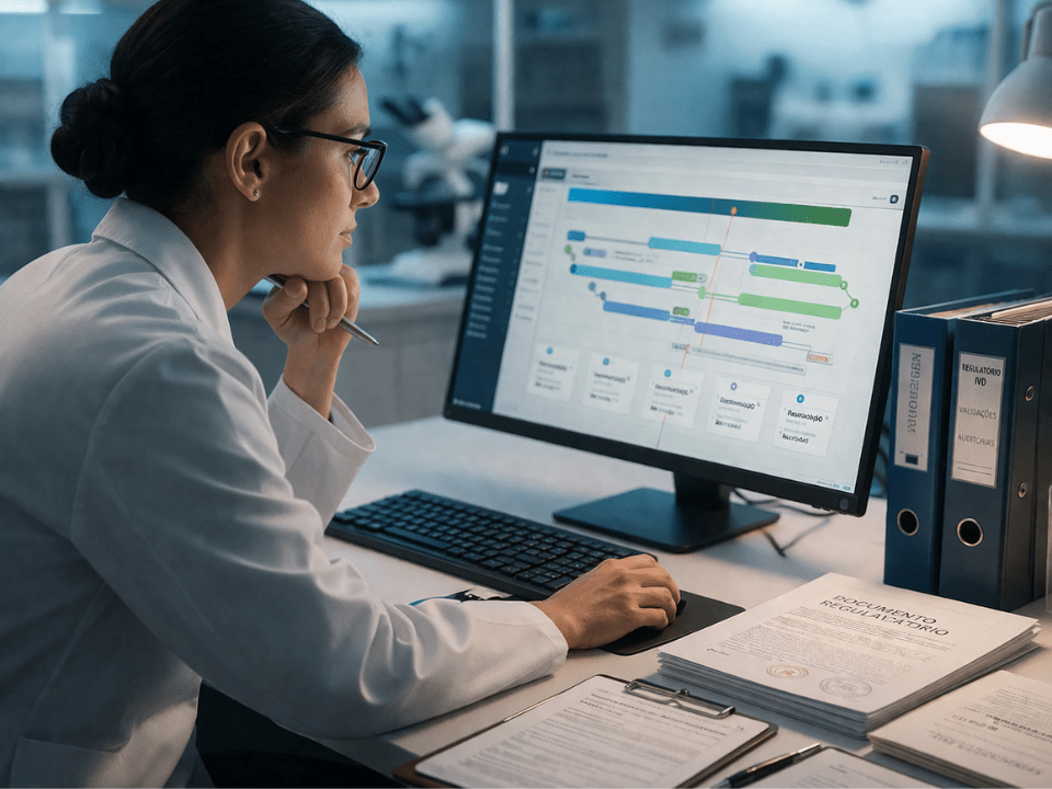Profissional de laboratório analisando cronograma regulatório em computador, representando a regulação de IVD Anvisa 2026 e o planejamento estratégico no diagnóstico laboratorial.