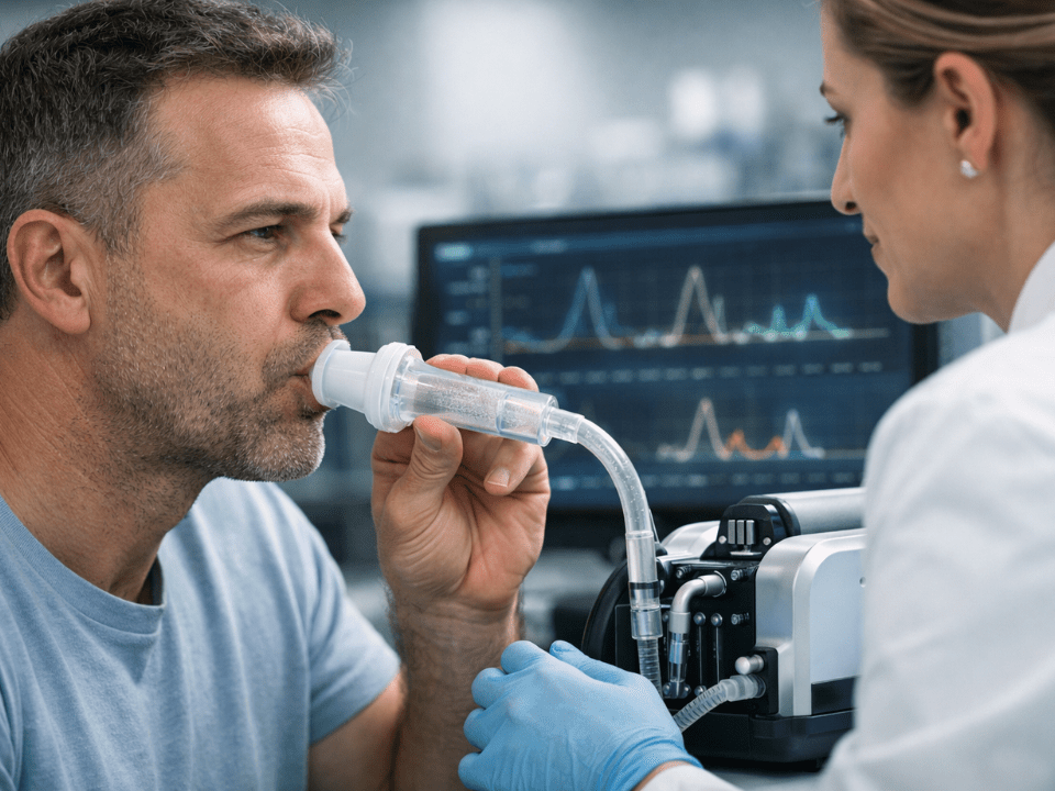 Paciente realiza teste de análise do ar exalado em ambiente clínico, utilizando dispositivo respiratório conectado a equipamento diagnóstico para detecção de infecção bacteriana.