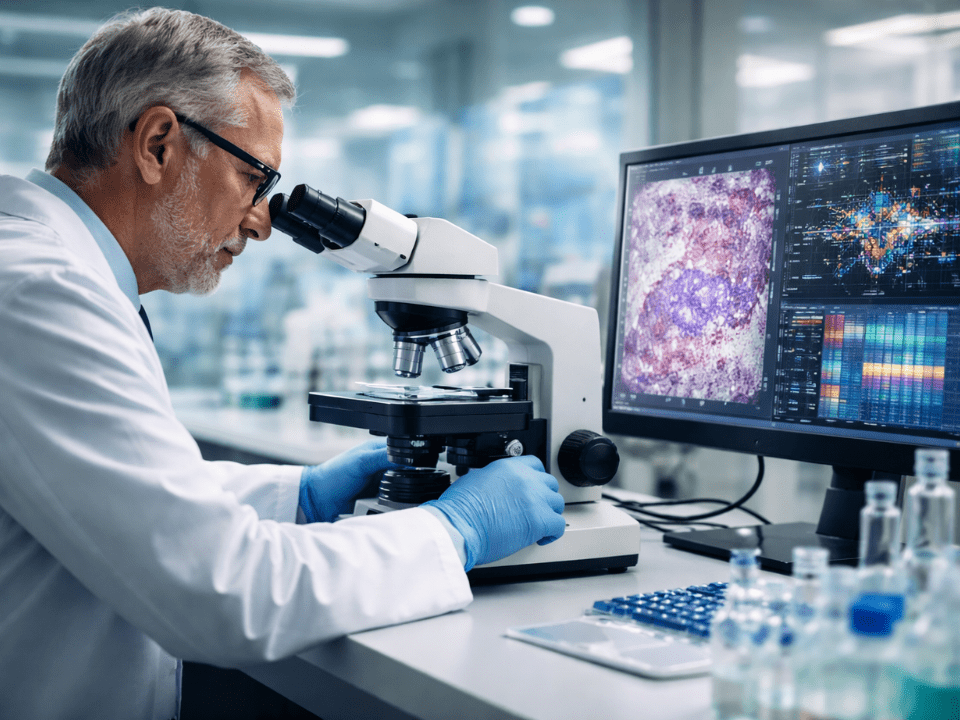 Laboratório biomédico de oncologia com cientista analisando lâmina histopatológica em microscópio digital, enquanto tela exibe padrões celulares e dados moleculares associados à previsão de metástase.