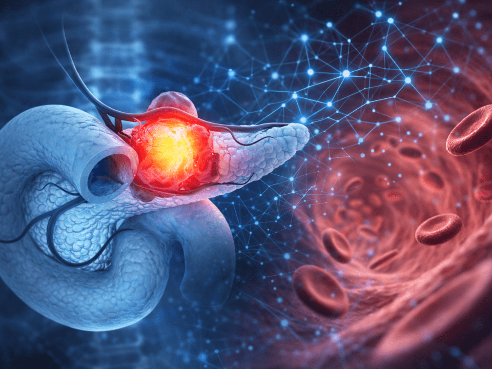 Ilustração biomédica do pâncreas com lesão tumoral destacada e fluxo de hemácias em vaso sanguíneo ao fundo, com rede digital representando inteligência artificial aplicada à detecção precoce do câncer pancreático por exame de sangue.