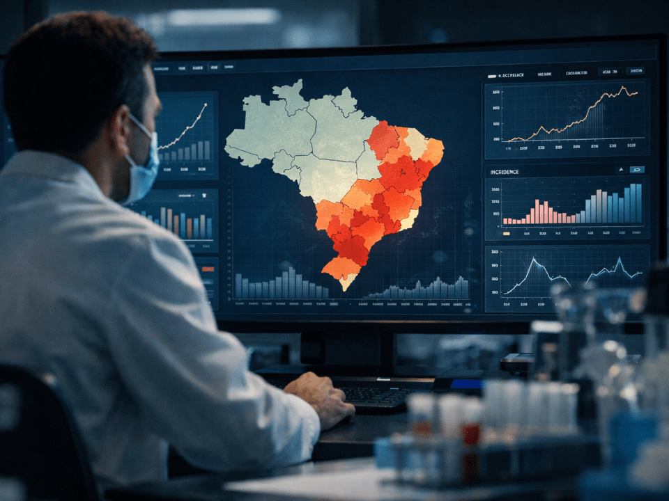 Mapa do Brasil com aumento de casos de Influenza A no Brasil exibido em painel de monitoramento epidemiológico em laboratório clínico.
