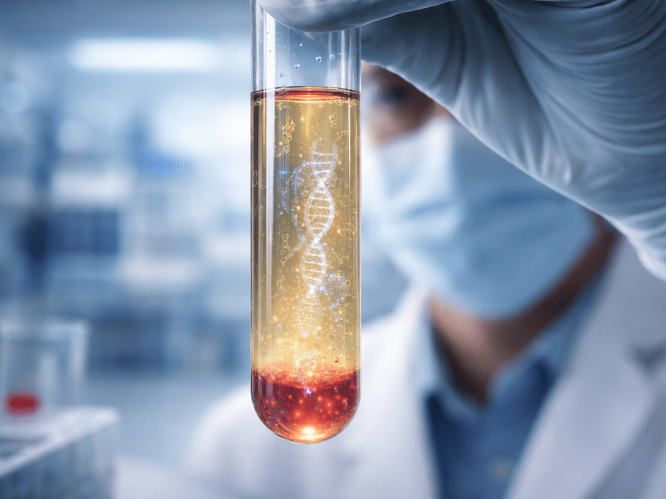 Tubo de ensaio com amostra de plasma sanguíneo em laboratório representando análise de DNA do doador no sangue para monitoramento da saúde de órgãos transplantados.