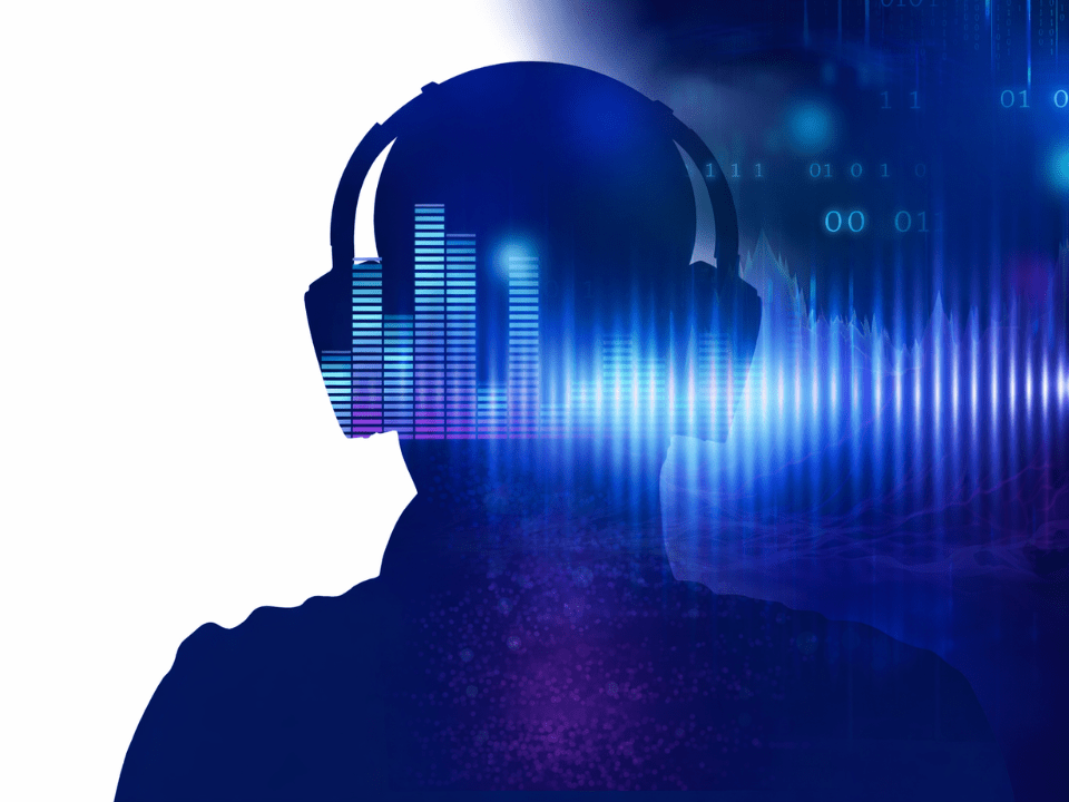 Silhueta de pessoa com fones de ouvido sobreposta a ondas sonoras e gráfico digital de intensidade, representando exposição sonora e risco de perda auditiva.