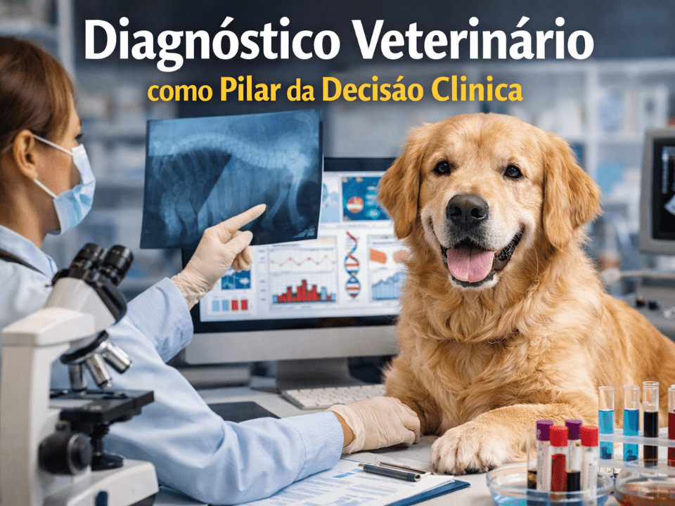 Diagnóstico veterinário em laboratório, médico-veterinário analisando radiografia enquanto um cão golden retriever é avaliado ao lado de equipamentos laboratoriais e tubos de ensaio.