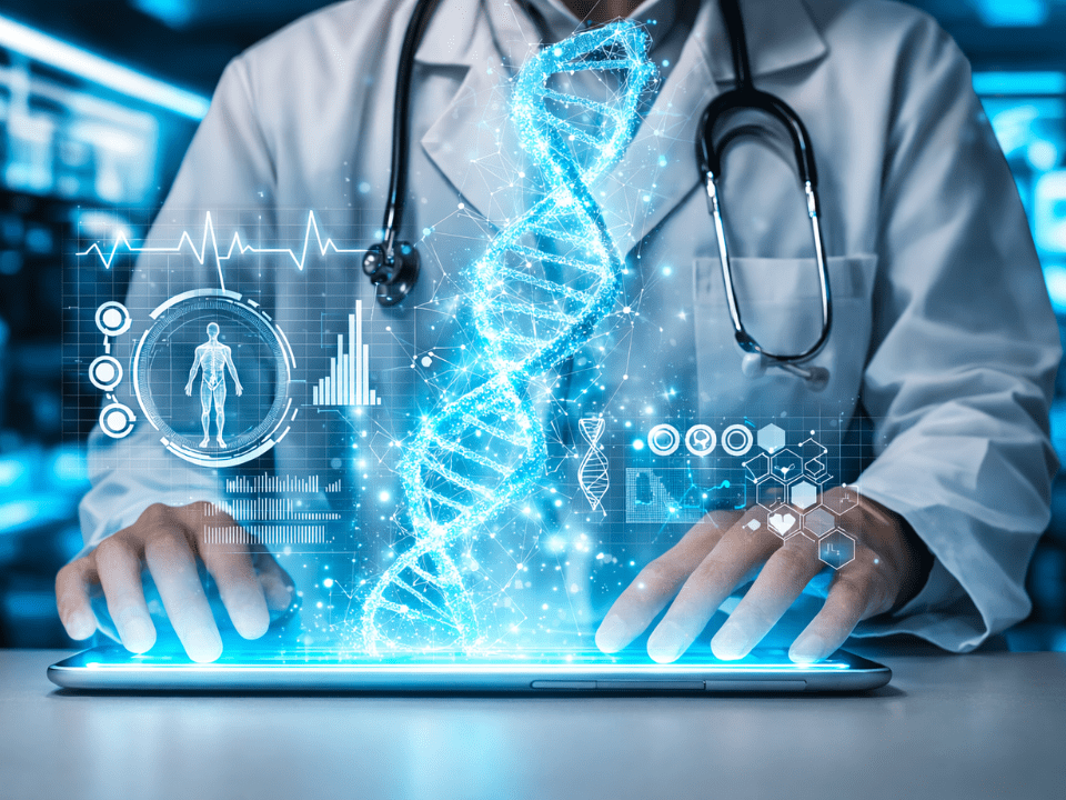 Inteligência artificial analisando dados genômicos para diagnóstico de doenças raras