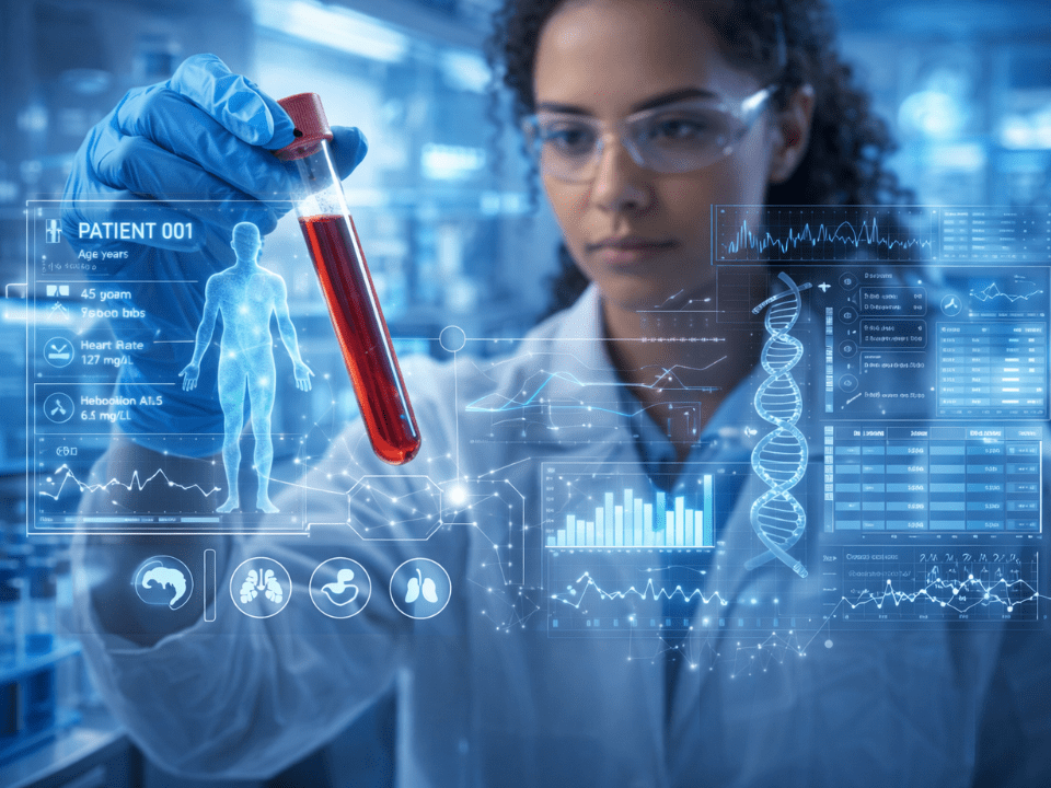 Análise laboratorial com interface digital mostrando dados clínicos personalizados em ambiente de diagnóstico de precisão.
