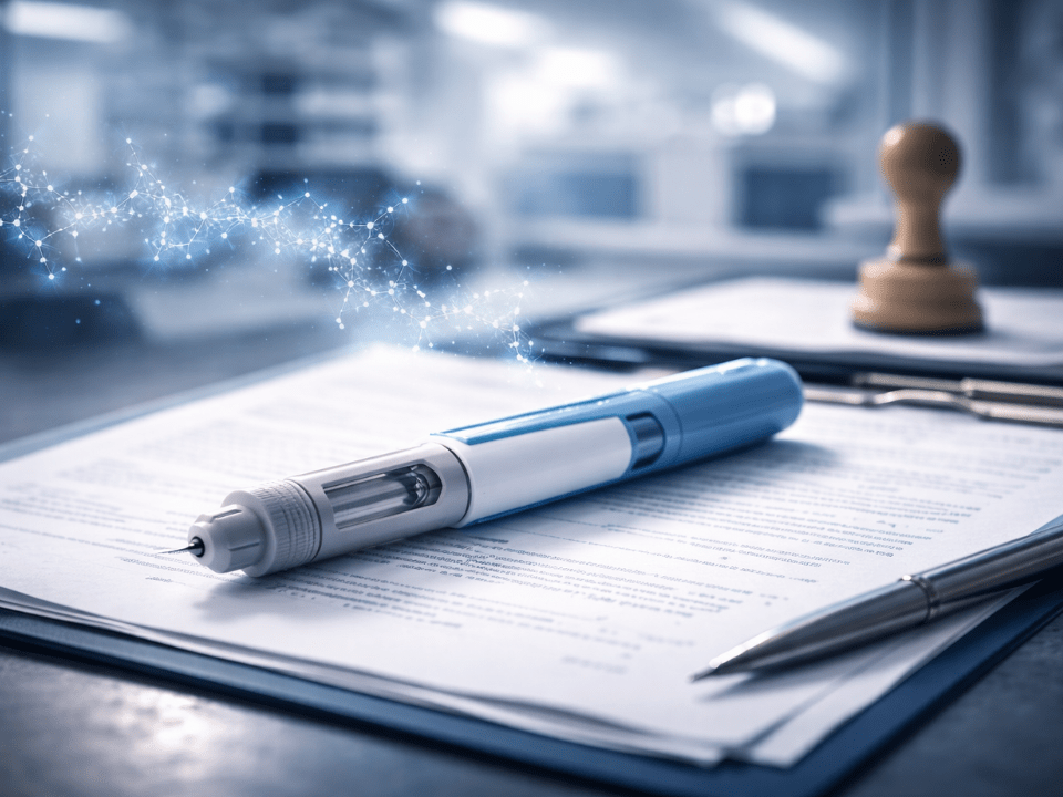 Caneta de semaglutida ao lado de documentos e carimbo sobre mesa, representando aprovação regulatória e fim de patente no setor farmacêutico.