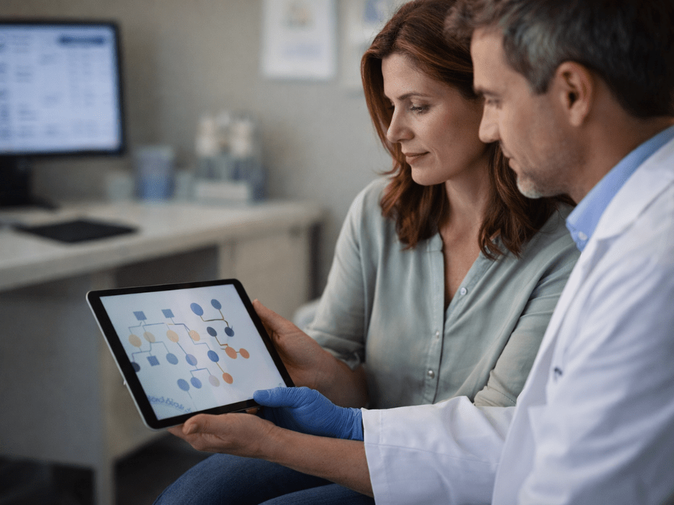 Paciente em consulta com profissional de saúde analisa, em um tablet, uma representação gráfica de árvore familiar genética, em ambiente clínico moderno e iluminado, com foco na avaliação de risco hereditário e no rastreamento familiar de câncer.