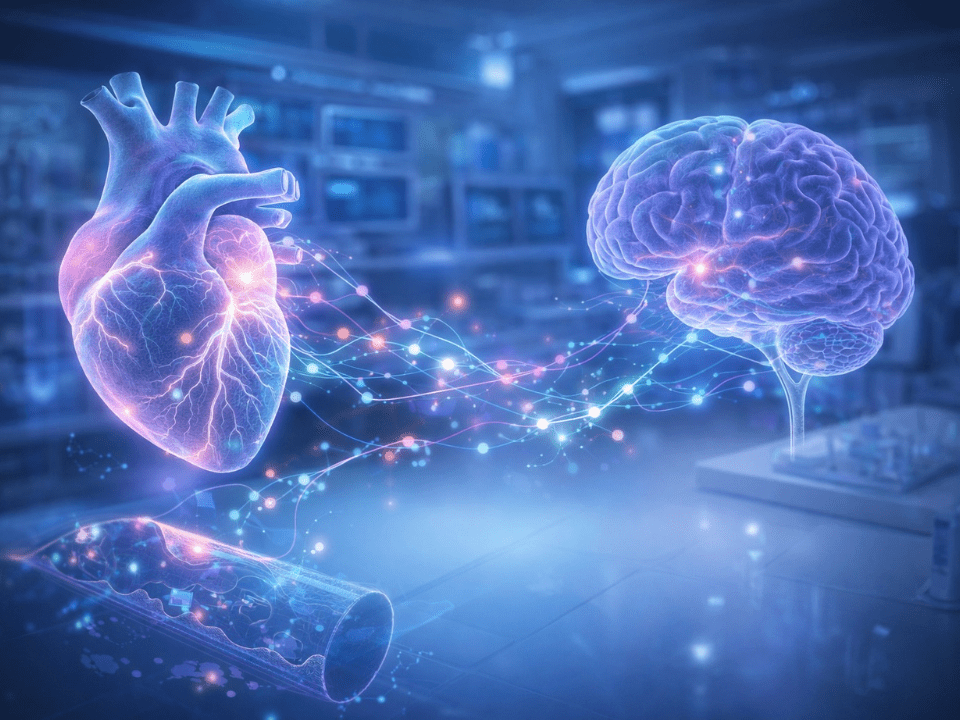 Ilustração científica representando conexão metabólica entre coração e cérebro associada à redução do risco cardiovascular observada em estudo clínico com semaglutida.