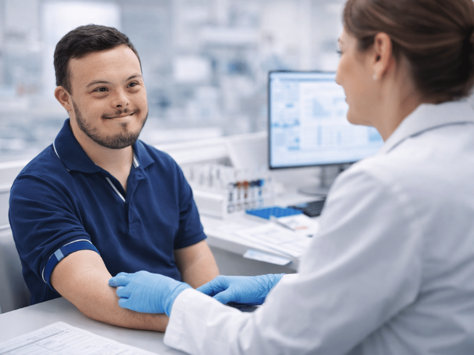 Pessoa com síndrome de Down em ambiente clínico realizando coleta de sangue com profissional de saúde, ilustrando cuidado diagnóstico e acompanhamento clínico ao longo da vida.