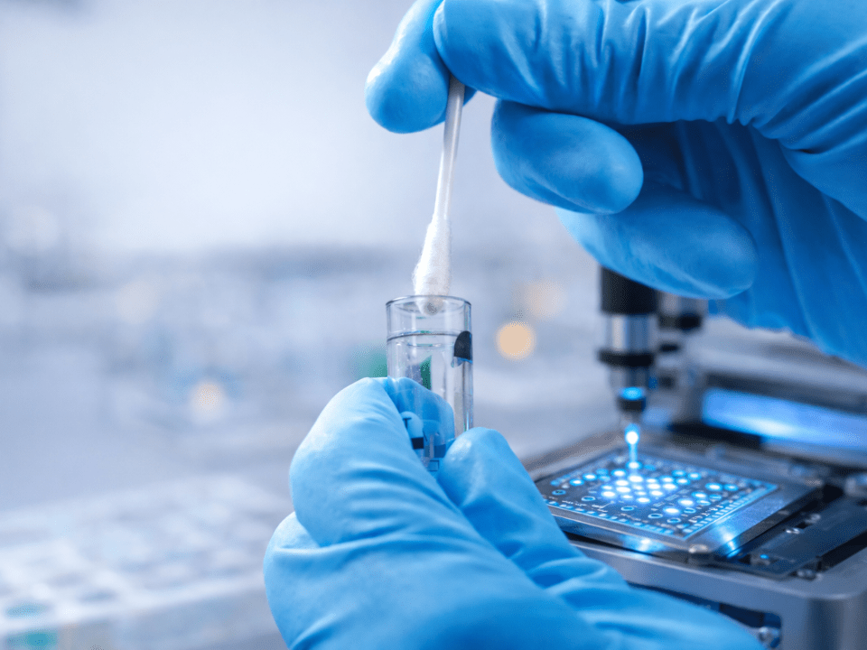 Profissional de laboratório manipula swab com amostra de saliva em tubo de ensaio, com plataforma de biossensor biomédico desfocada ao fundo em ambiente de diagnóstico molecular.