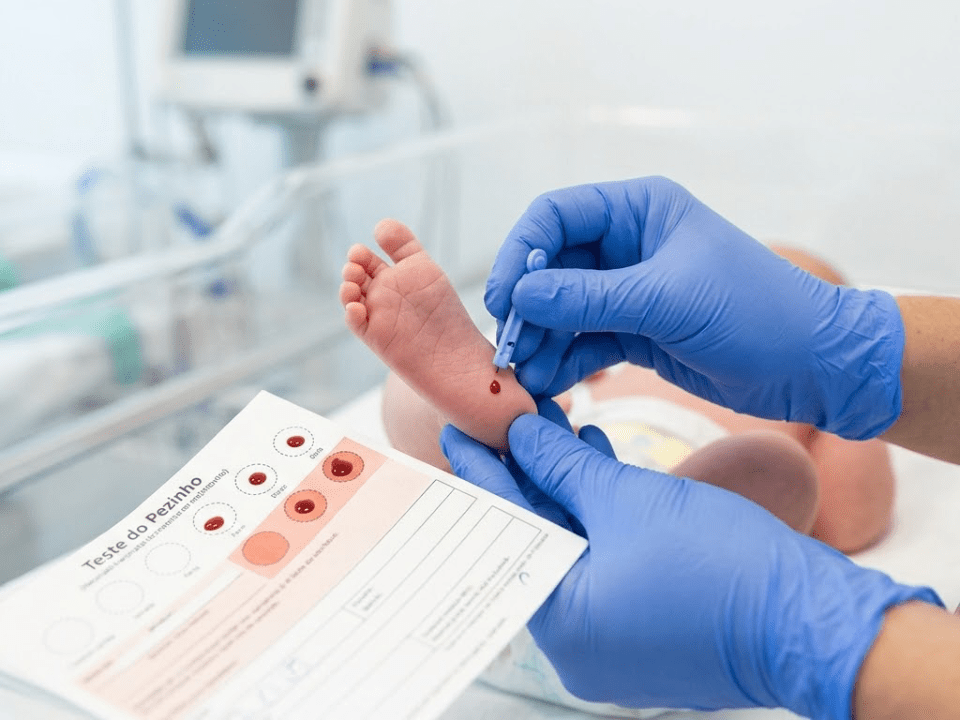 profissional de saúde realizando o teste do pezinho em recém-nascido durante triagem neonatal para diagnóstico precoce de doenças genéticas como fibrose cística no Brasil.