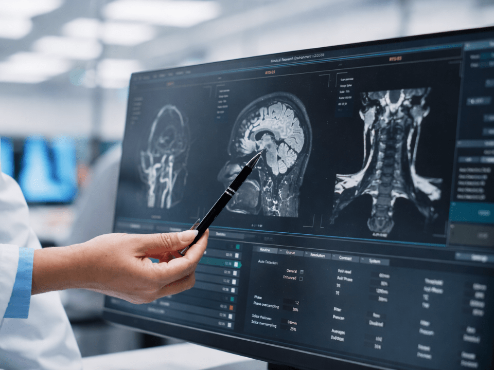 Profissional de saúde analisa imagens de ressonância magnética do cérebro em monitor clínico, utilizadas na investigação e diagnóstico de tumores cerebrais.