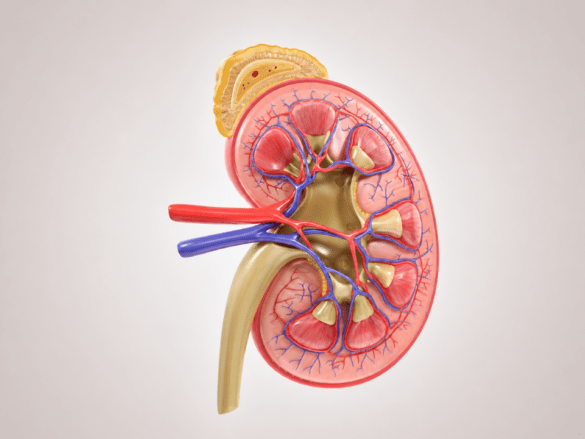 Ilustração médica detalhada de rim humano em corte transversal, destacando estruturas internas e vascularização, representando a aplicação de score proteômico na doença renal para predição de progressão clínica.