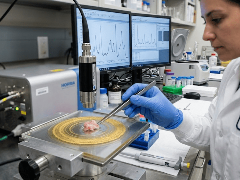 Biossensor plasmônico em formato de anel (MetaRing) utilizado para análise de sensibilidade a fármacos em tumor de mama, com amostra tumoral posicionada sobre substrato nanostruturado e leitura espectral por espectroscopia Raman em ambiente laboratorial.